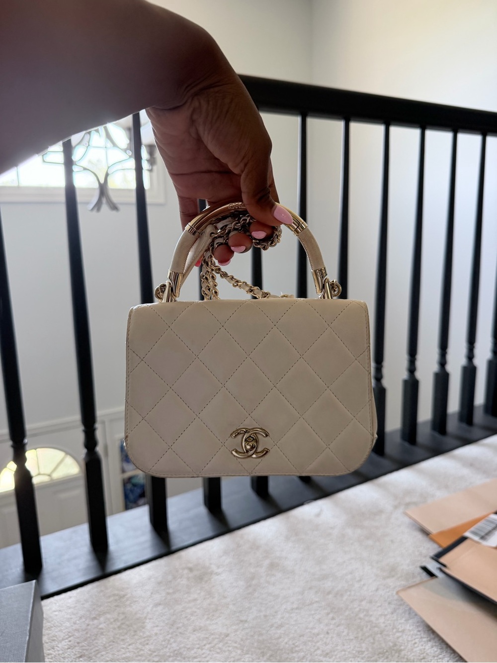 CHANEL Cream Quilted Top Handle Crossbody Bag with Gold Hardware - Picture 2 of 6